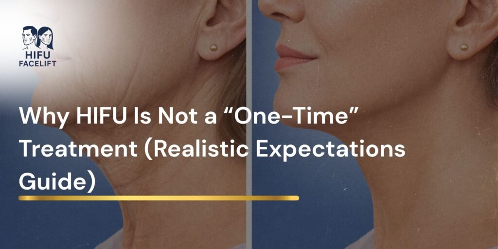 Before-and-after image showing the effects of HIFU facelift treatment on a woman’s jawline and neck