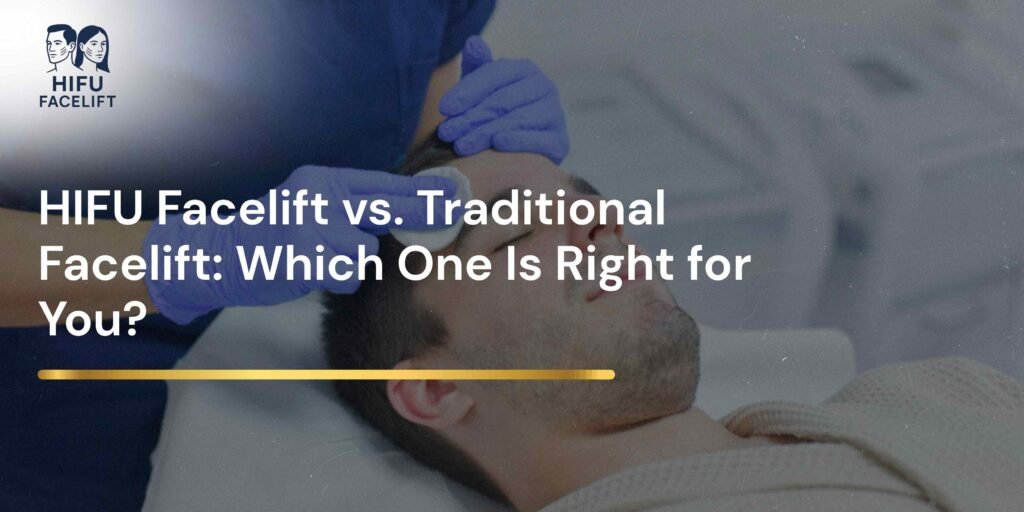 HIFU Facelift vs Traditional Facelift: Professional performing HIFU treatment on a patient, comparing non-surgical vs surgical facelift options.