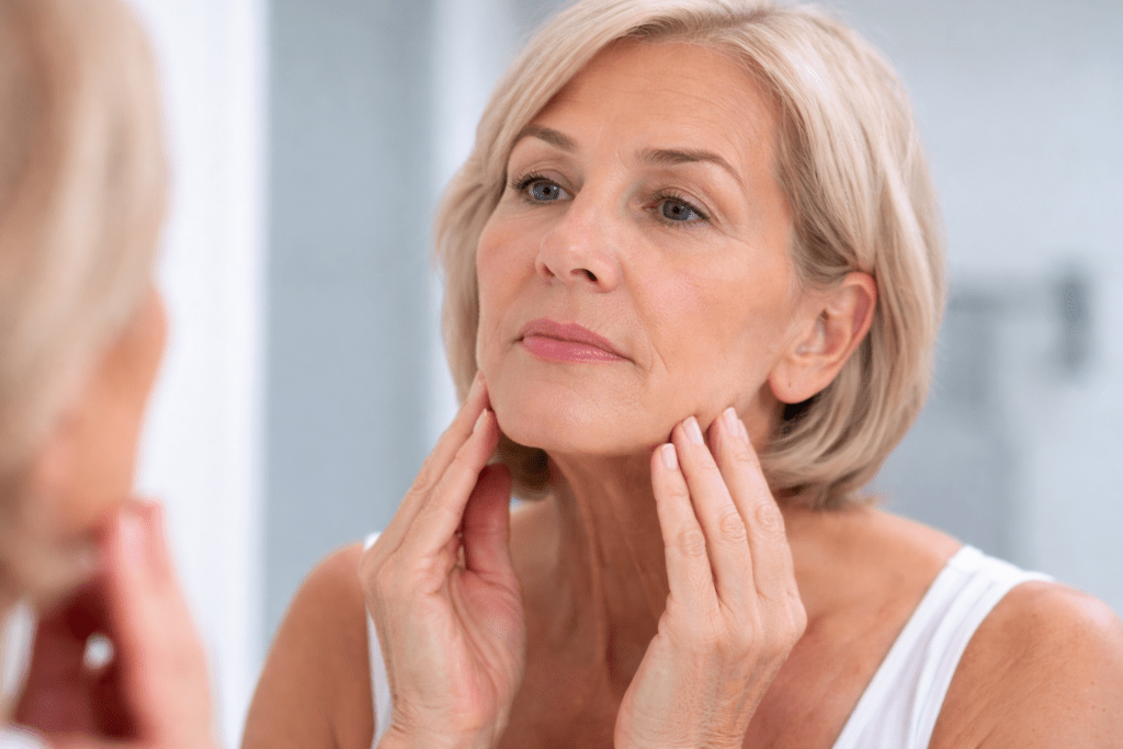 Sagging skin and jowls along the jawline caused by ageing and loss of skin firmness