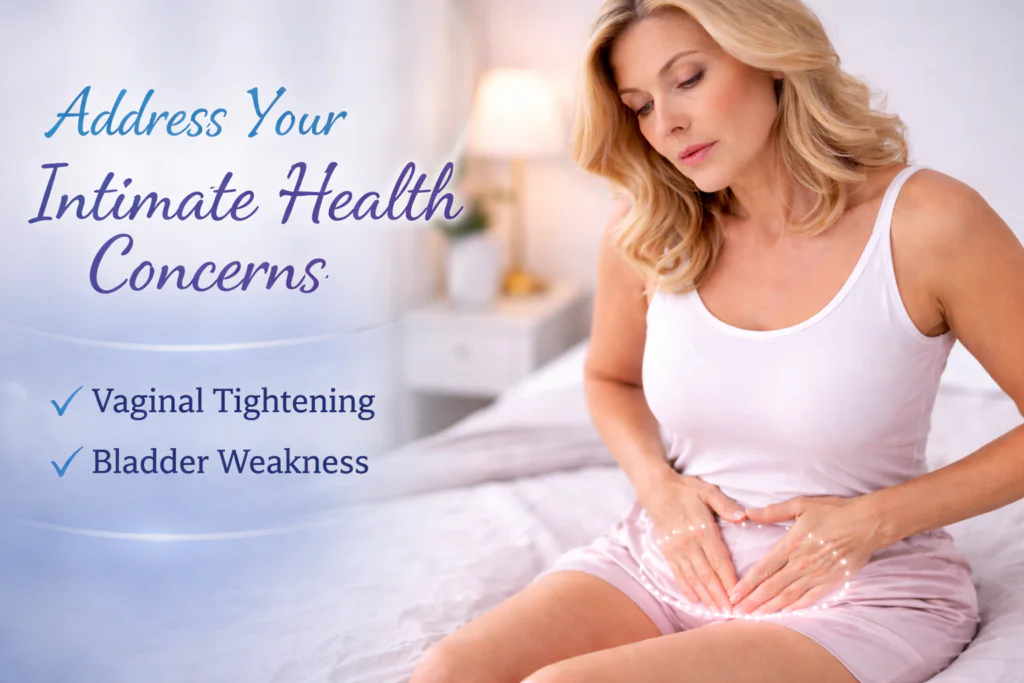 Banner image illustrating intimate health concerns including vaginal tightening and bladder weakness