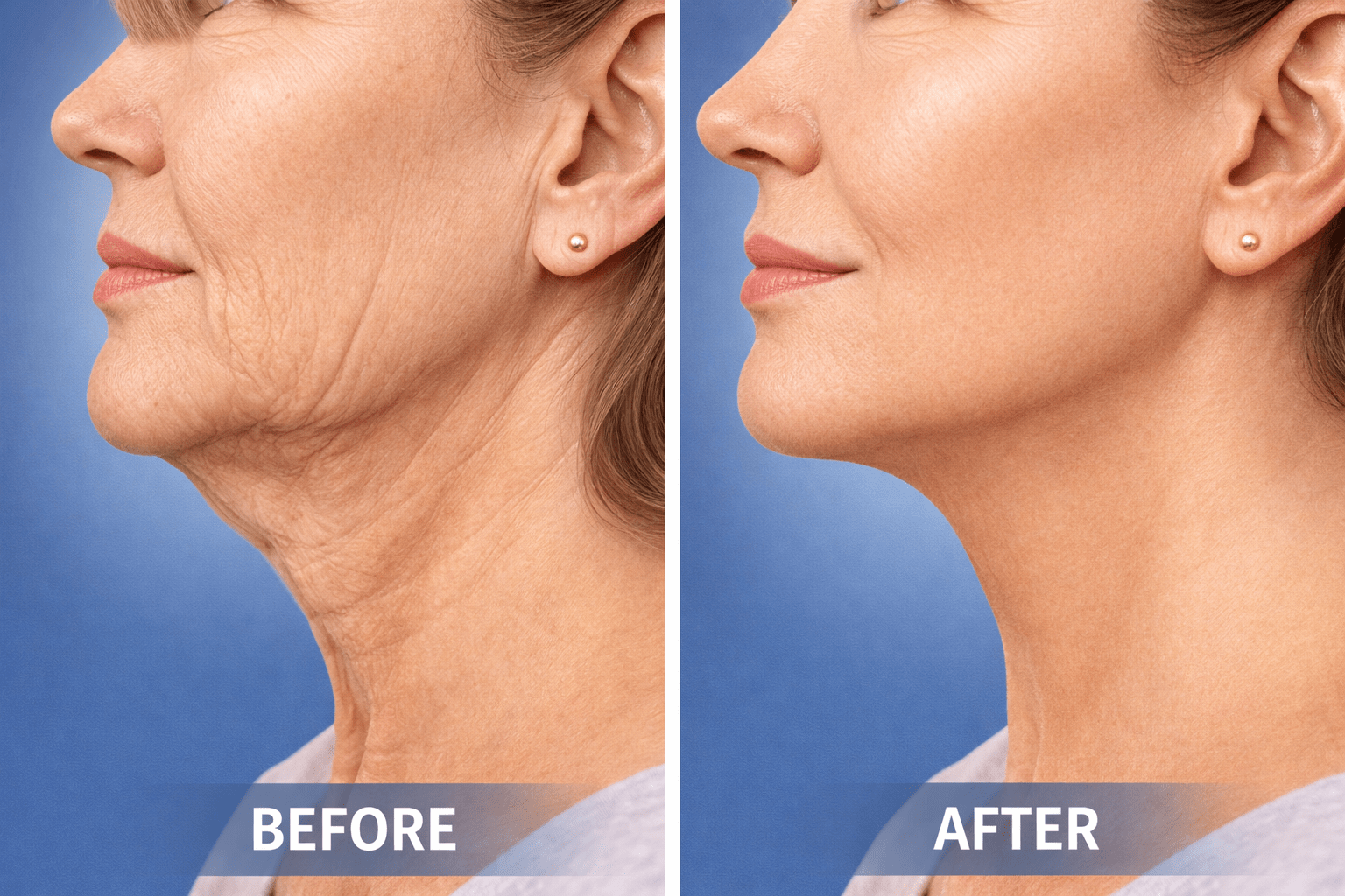 A comparison image showing the effects of HIFU facelift treatment on a woman in her 50s. The left side shows sagging skin with visible wrinkles, and the right side shows tighter, firmer skin and a more defined jawline and neck.