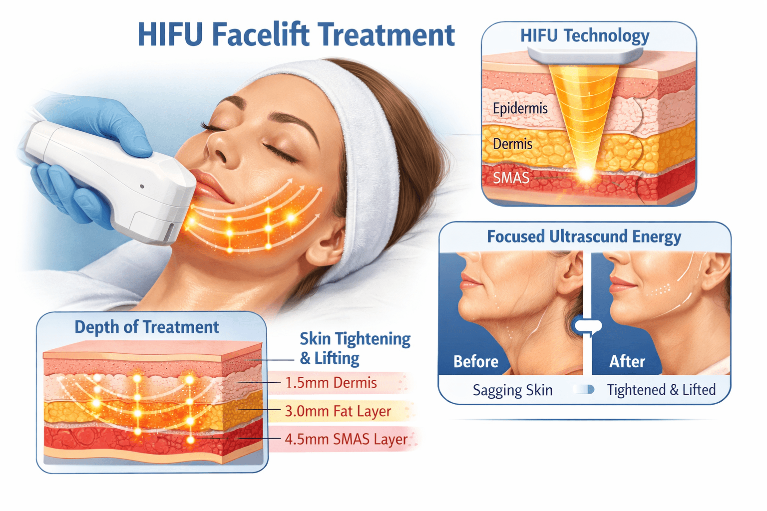 A digital illustration showing the HIFU facelift treatment process, with focused ultrasound energy targeting the skin layers to tighten and lift sagging skin. The illustration includes before-and-after comparisons of the skin's appearance