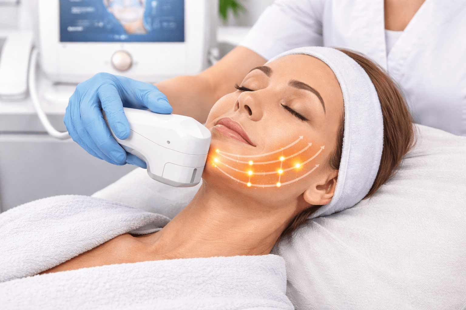 A woman undergoing a HIFU facelift treatment at a medical spa. The professional aesthetician uses a HIFU device on her cheek and jawline, with visible energy lines showing the treatment process.