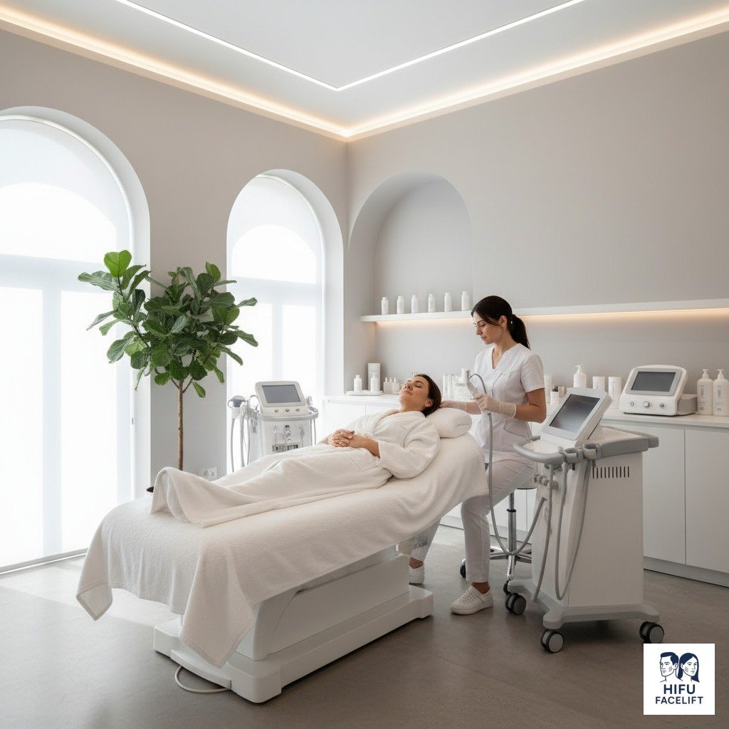 Client relaxing in a modern clinic before a HIFU facial treatment